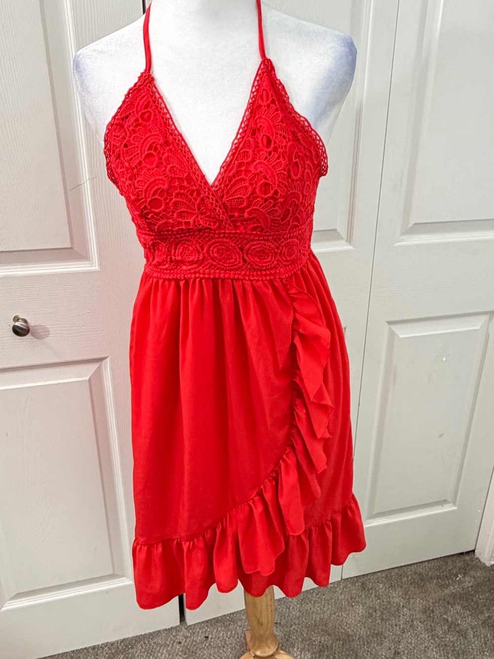Wish Red Crochet Halter Mini Dress